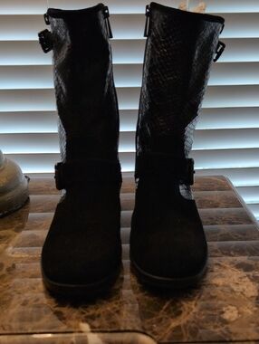 Vince Camuto Black Lace-Up Mid-Calf Buckle Boots